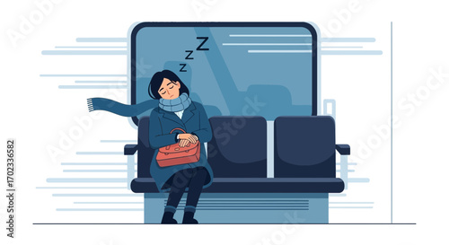 Woman Sleeping on a Bench, Illustration of a Person Resting in Public Transportation