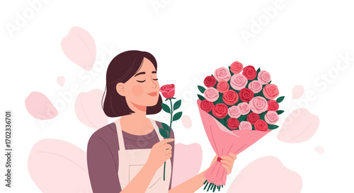 Woman Smelling Rose While Holding Bouquet of Beautiful Roses in Soft Floral Illustration