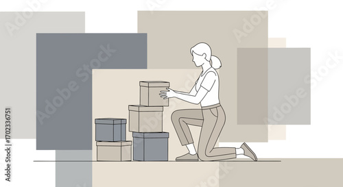 Woman Stacking Boxes: Illustration of Organization, Storage, and Relocation Concept