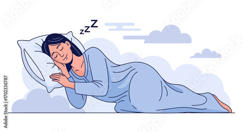 Woman Asleep Embracing Soft Pillow Floating Among Dreamy Clouds At Tranquil Moment