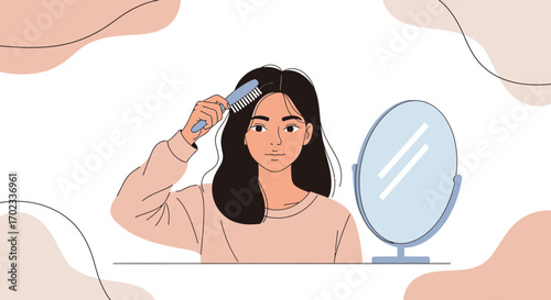 Woman Brushing Hair in Front of the Mirror for a Fresh Look and Haircare Routine