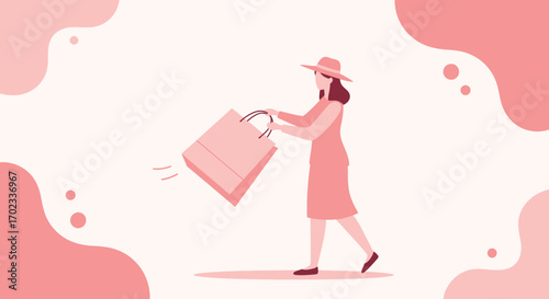 Woman Strolling With Shopping, Wearing Hat And Modern Dress With Rose Hues Gradient