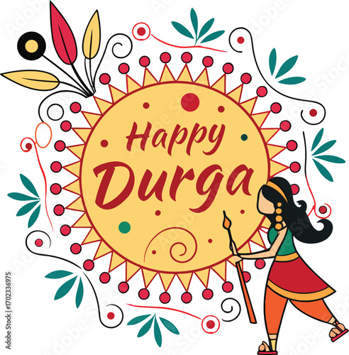 Celebrate Happy Durga Puja festival with colorful illustration featuring traditional goddess art and floral elements