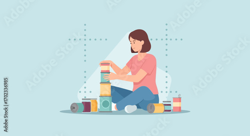 Woman Building Canned Goods Tower, Representing Food Security and Resource Management