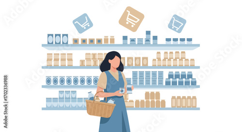 Woman Browsing Supermarket Aisle With Basket and Purchasing Grocery Products