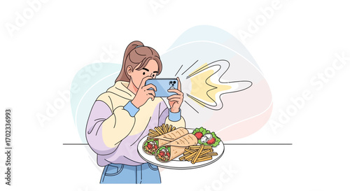 Woman Capturing Meal On Smartphone, Illustration of Food Photography Scene