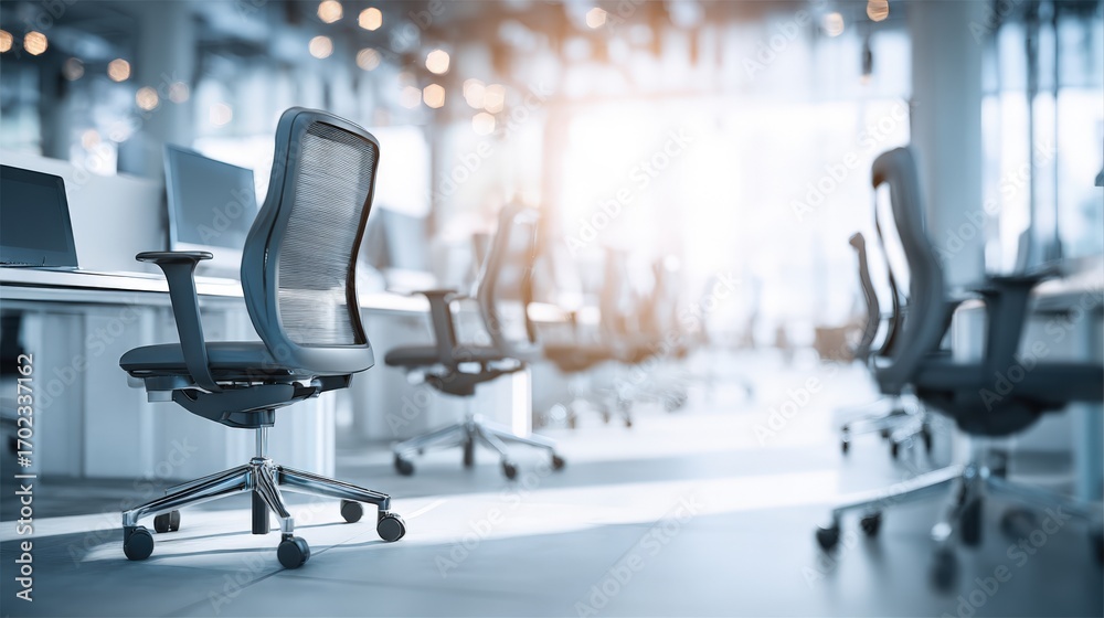 Fototapeta premium Modern Office Interior with Ergonomic Chairs and Desks, Providing Comfortable Workspace and Productive Environment