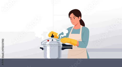 Woman using a pressure cooker in the kitchen while cooking for some delicious food