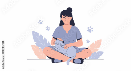 Woman caressing a cat while sitting with a leaf background in an illustration