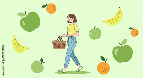 Woman Carrying Basket Surrounded By Fresh Fruits Healthy Eating Lifestyle Concept