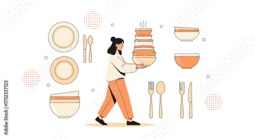 Woman Carrying Dishes and Utensils in a Minimalist and Modern Illustration