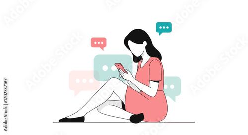 Woman using smartphone for messaging and chatting, illustration of social interaction