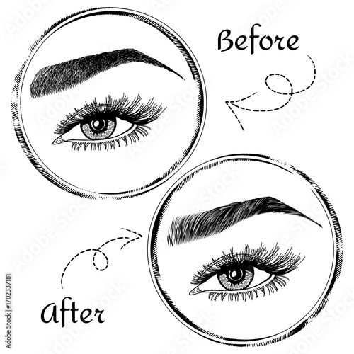 Illustration with woman's eyes, eyelashes and eyebrows. Makeup Look. Tattoo design. Logo for brow bar or lash salon. Before and after coloring care. Set of well-groomed and shaggy eyebrows.