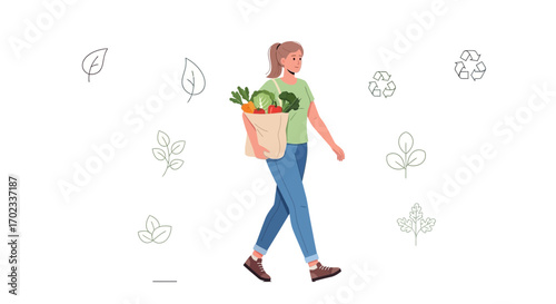 Woman Carrying Reusable Bag With Fresh Groceries Promoting Eco-Friendly Living