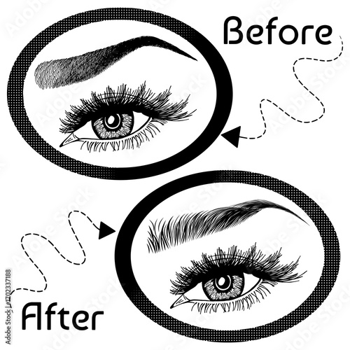 Illustration with woman's eyes, eyelashes and eyebrows. Makeup Look. Tattoo design. Logo for brow bar or lash salon. Before and after coloring care. Set of well-groomed and shaggy eyebrows.