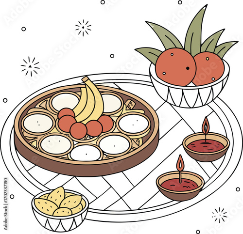 Celebrate Diwali with this colorful arrangement of fruits, sweets, and diyas for a festive occasion