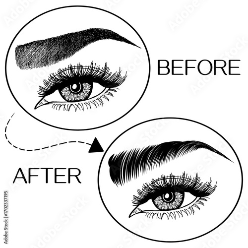 Illustration with woman's eyes, eyelashes and eyebrows. Makeup Look. Tattoo design. Logo for brow bar or lash salon. Before and after coloring care. Set of well-groomed and shaggy eyebrows.