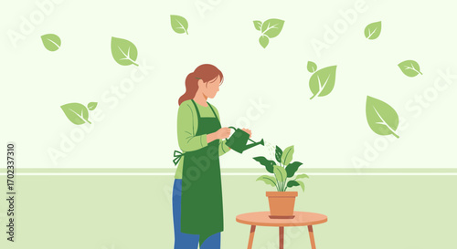 Woman Watering Potted Plant with Leaf Decorations Creating A Serene Garden Scene