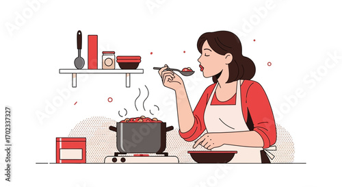 Woman Cooking And Tasting Food in a Stylish Kitchen Environment Illustration