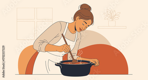 Woman cooking and stirring food in a pot in the kitchen illustrating lifestyle