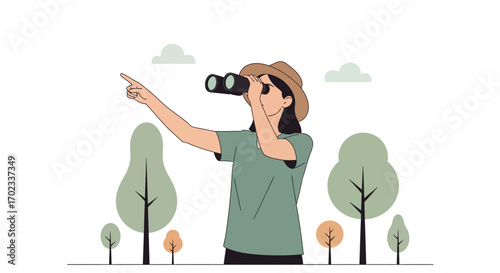 Woman with binoculars exploring the nature and looking for something, adventure concept