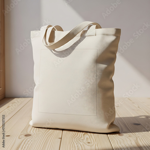 Blank Canvas Tote Bag Mockup on Wooden Floor with Sunlight