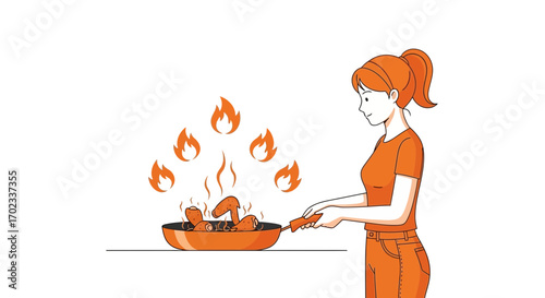 Woman cooking chicken on a pan with flames creating a delicious meal illustration