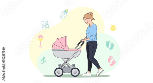 Woman with baby in stroller walking in the park with different baby toys and footprints