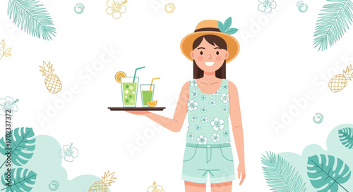Woman with drinks on a tray celebrates summer with a hat and tropical background