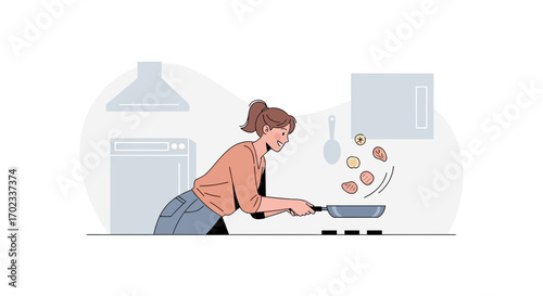 Woman Cooking Food in Kitchen Cartoon Illustration for Culinary Lifestyle Concept