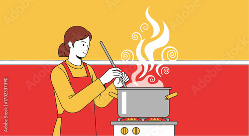 Woman cooking food on the stove in the kitchen while wearing an apron