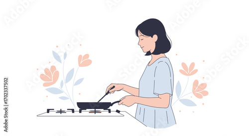 Woman Cooking Meal with Floral Design in Modern Minimalist Flat Illustration