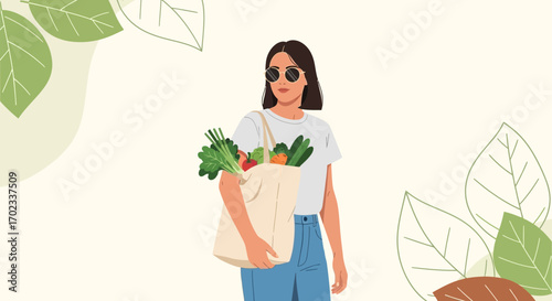 Woman With Sunglasses Carrying Ecobag of Fresh Produce in Minimalistic Illustration