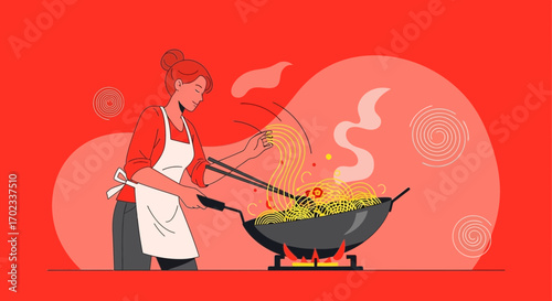 Woman cooking noodles in a wok pan on the stove in a vibrant red illustration