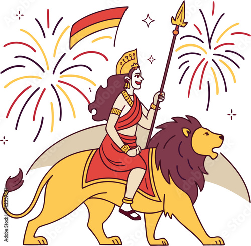 Celebrate Durga Puja with this festive illustration featuring a goddess riding a lion amid fireworks