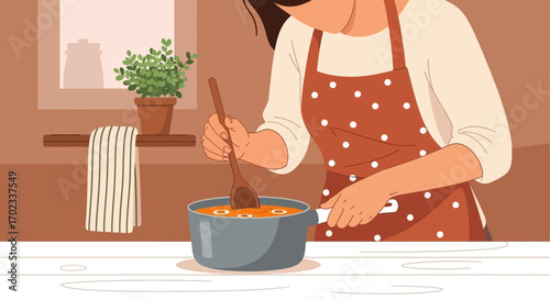 Woman Cooking Soup in Cozy Kitchen Illustration Concept of Home Cooking