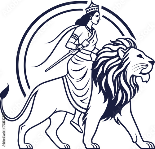 Empowered goddess Durga riding lion illustration symbolizes strength and power in Hindu mythology