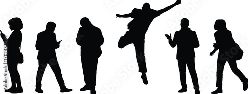 Silhouettes of diverse people standing, walking, jumping, using smartphone, casual wear, dynamic movement, social interaction, communication, teamwork, energy, urban lifestyle, modern life