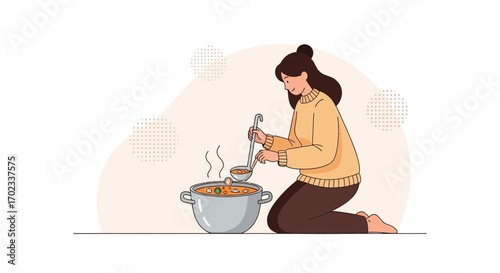 Woman Cooking Soup with Ladle In a Stylish Apartment, A Culinary Delight Illustration