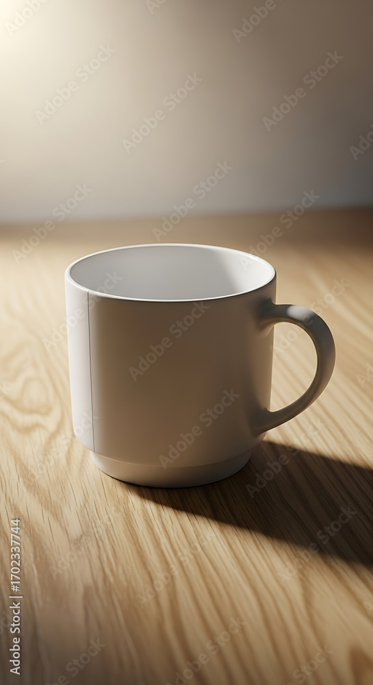 Fototapeta premium White Ceramic Coffee Mug on Wooden Table with Sunlight and Shadows