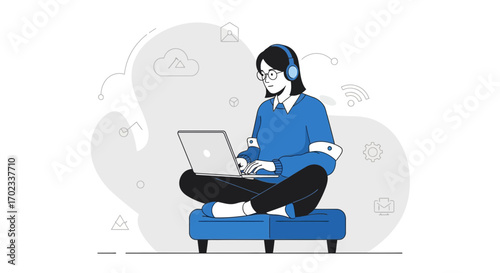 Woman Working With Laptop And Headphones, Concept Illustration For Work From Home, Lifestyle
