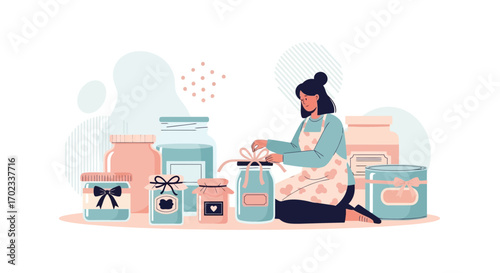 Woman Crafting And Decorating Jars For Food Preservation And Homemade Production
