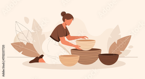Woman Crafted Pottery Bowls Amidst Minimalist Botanical Elements Illustration Design