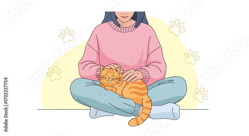 Woman Cuddling Cat, Illustration Depicting A Peaceful Bond Of Love And Affection