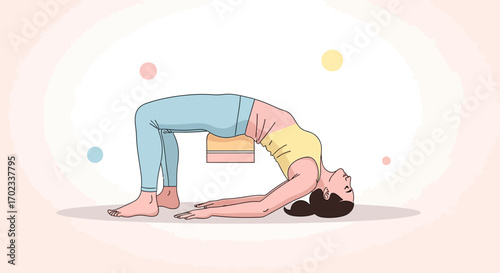 Yoga Pose Demonstrating Bridge Asana With Block Support and Simplified Illustration