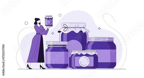 Woman Displaying Jars Of Preserves With Decorative Elements In A Flat Line Art Style
