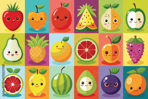 Grid of Adorable Cartoon Fruits with Happy Faces food