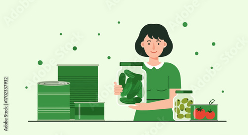 Woman Displays Home-Preserved Foods Showing Various Pickled Vegetables in Glass Jars and Cans