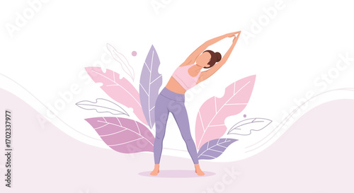 Woman Doing Yoga Poses With Botanical Design And Aesthetic Pale Shades Illustration