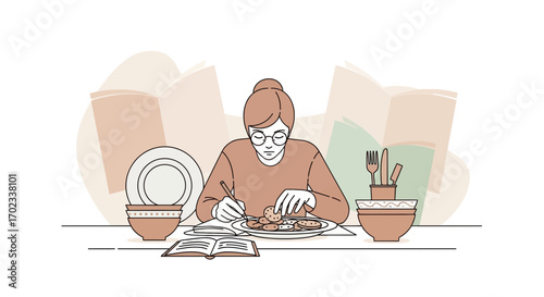 Woman eating food and writing in a notebook with books, modern illustration vector art